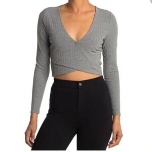 NWT Sophie Rue Grey Long Sleeve Ribbed Surplice Crop Top Size Large